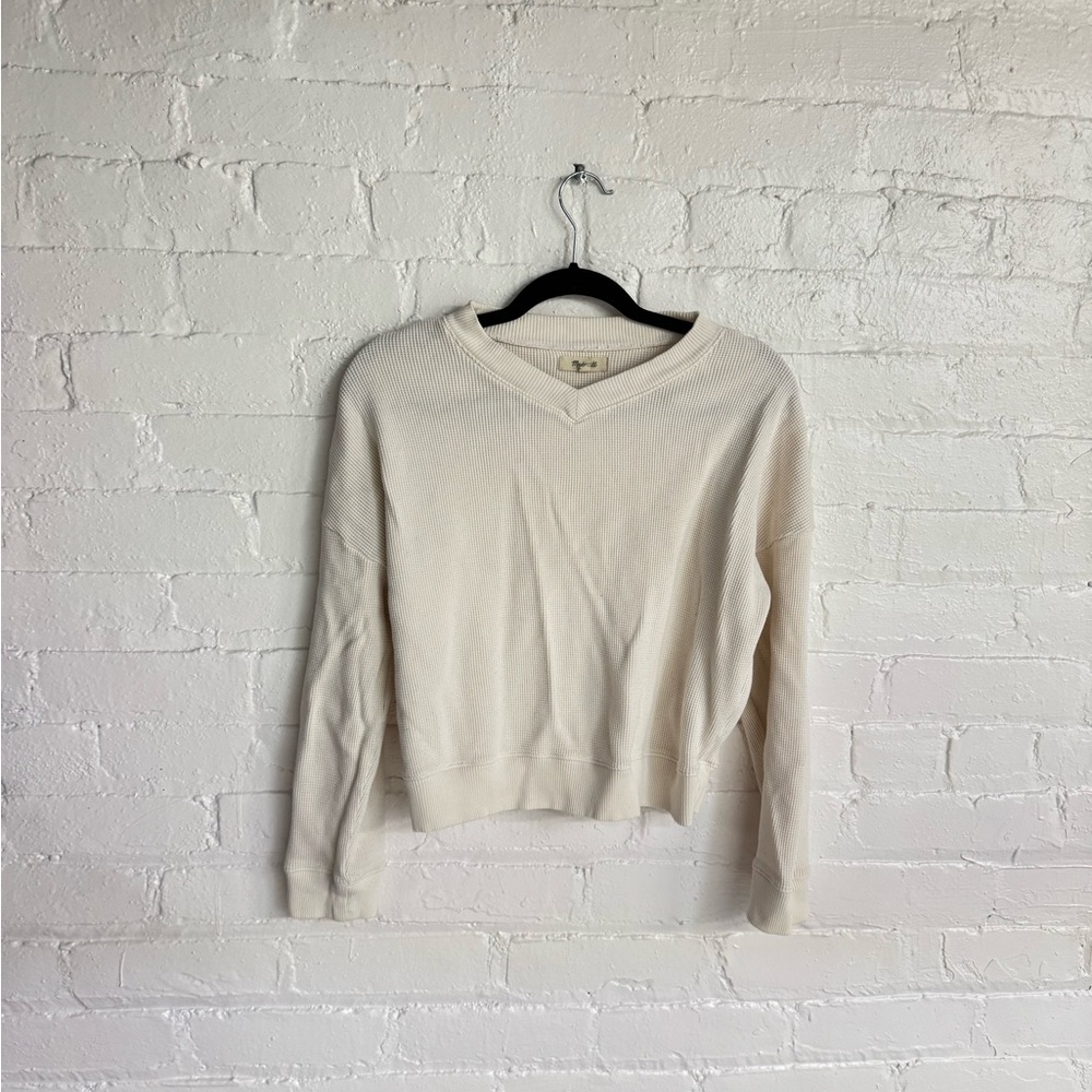 Madewell Cream Fitted V Neck Waffle Knit Shirt
